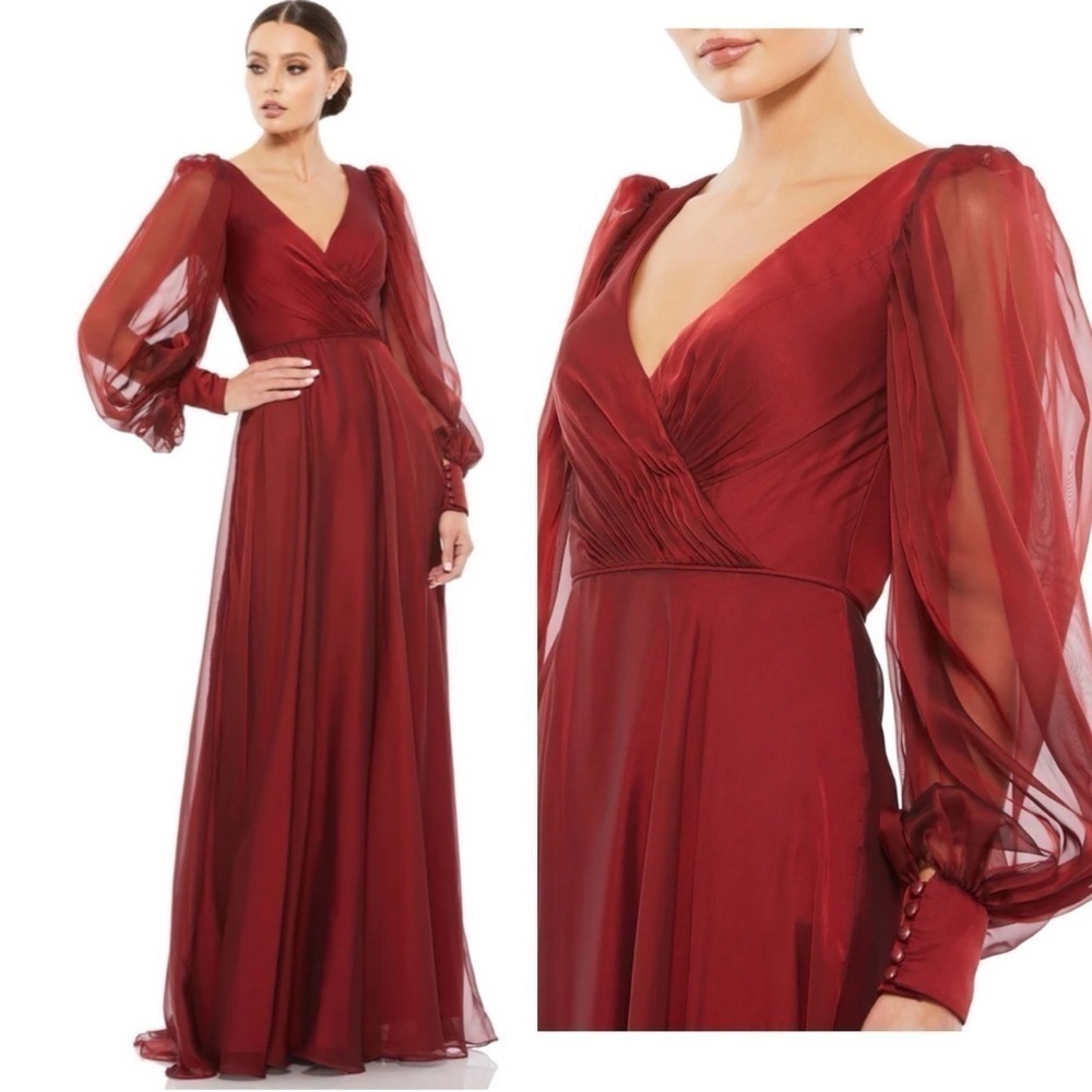 New Mac Duggal 67873 Sheer Blouson Sleeve Surplice Gown Garnet Size 4